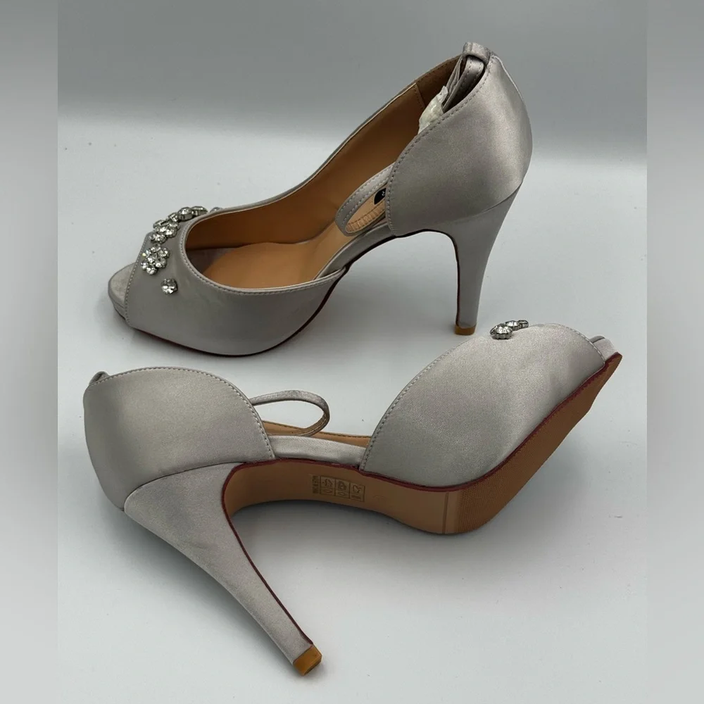 Silver Satin Peep Toe Heels with Rhinestones, Size 9W (NWT)